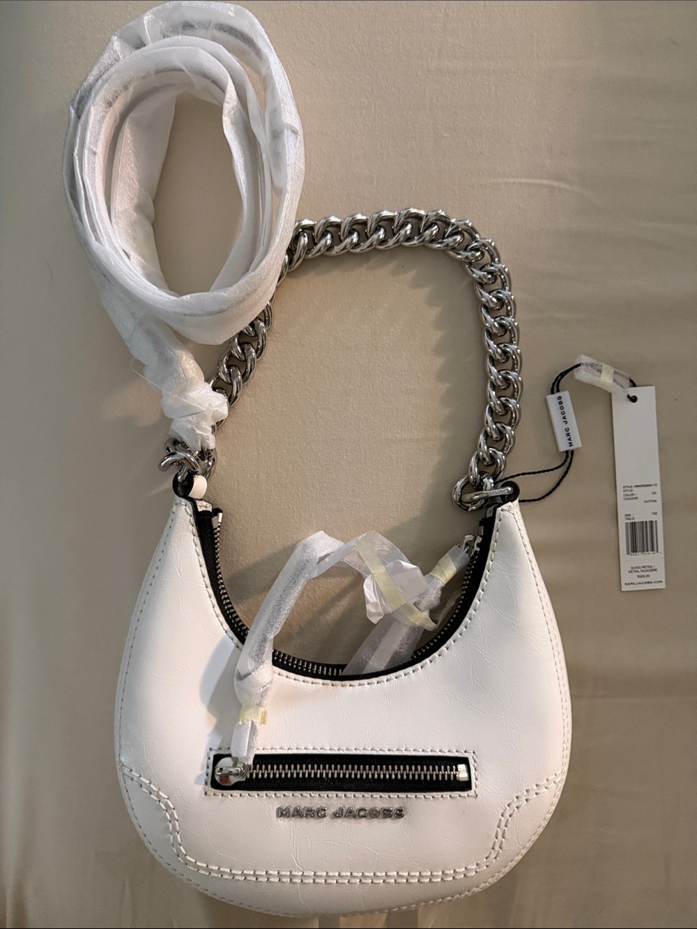 Marc Jacobs White Leather Mini Hobo Shoulder Bag with Silver Chain